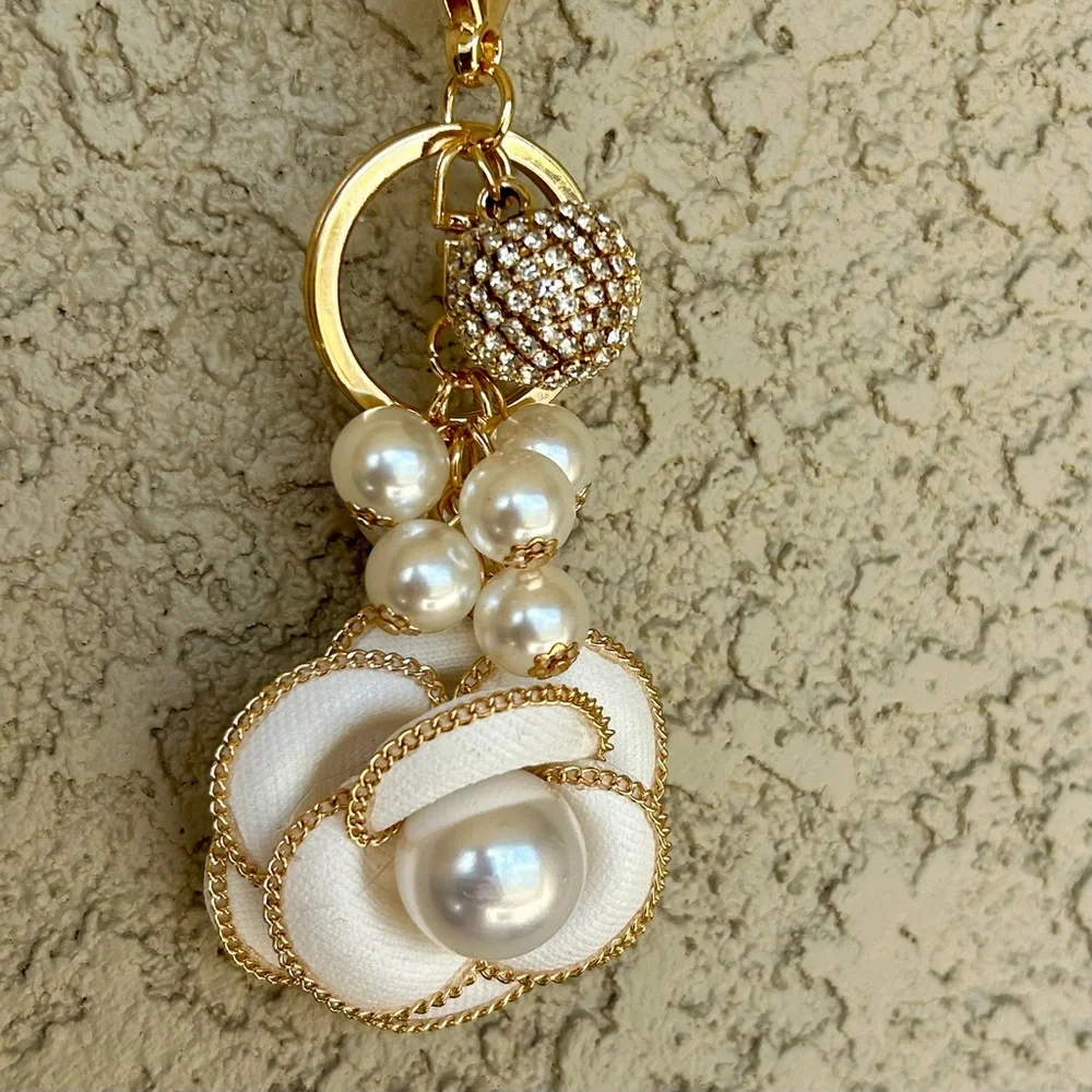 Luxe White Flower Gold Accented Keychain/ Bag Charm
